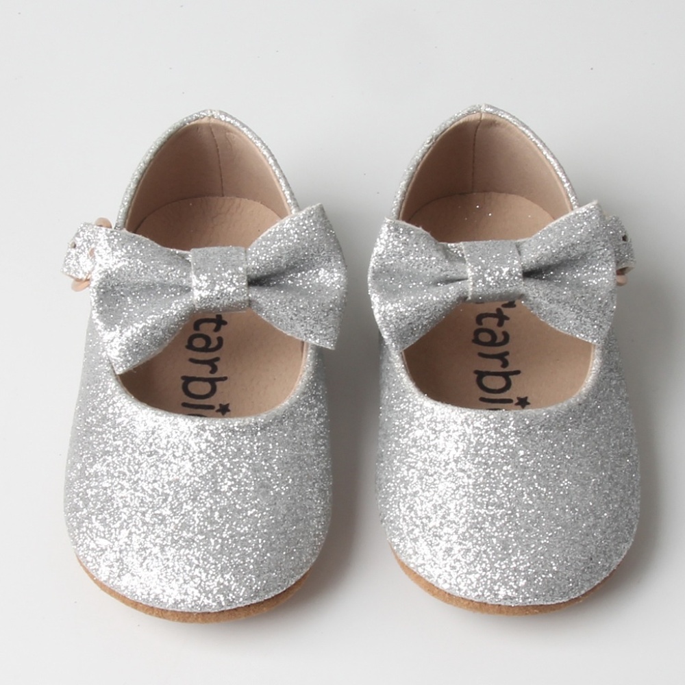 Starbie Mary Janes Silver Glitter with Bow Baby Shoes Toddler shoes Formal dress